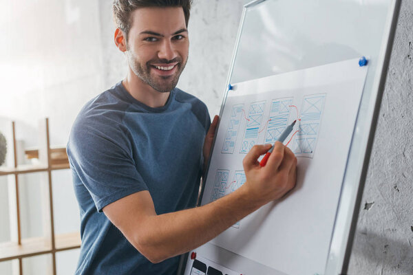 Selective focus of smiling designer looking at camera while sketching website template on whiteboard in office