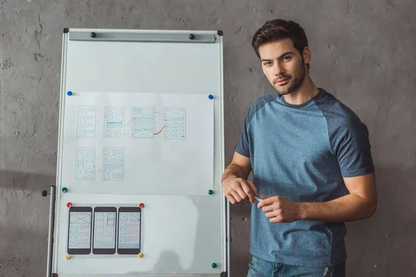 Handsome Designer Looking Camera Web Sketches User Experience Design Whiteboard — 스톡 사진