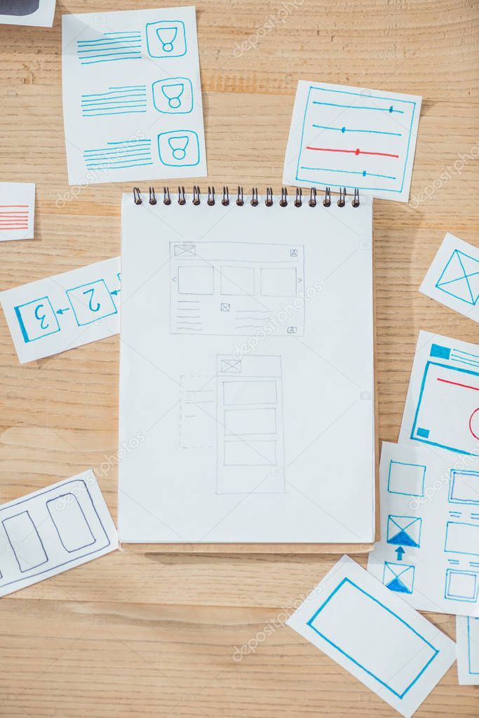 Top view of ux website wireframe sketches and planning applications on wooden table