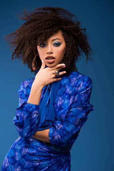 Stylish African American Woman Makeup Dress Looking Camera Isolated Blue — 스톡 사진