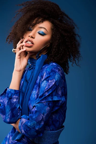 Stylish African American Woman Dress Closed Eyes Makeup Isolated Blue — Stock Photo, Image