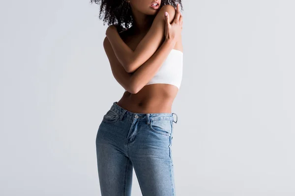 Cropped View African American Woman White Top Isolated Grey — 스톡 사진