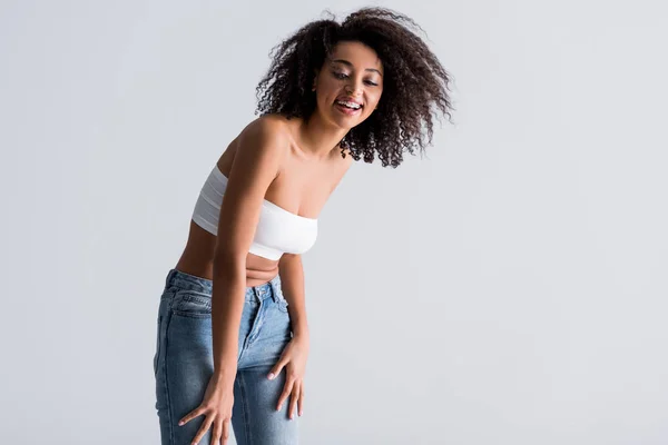 Smiling African American Woman White Top Isolated Grey — 스톡 사진