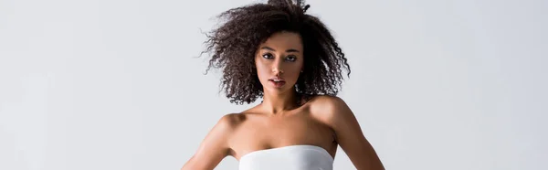 Panoramic Shot African American Woman White Top Isolated Grey — 스톡 사진