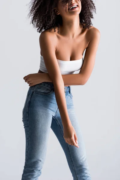 Cropped View Smiling African American Woman White Top Isolated Grey — 스톡 사진