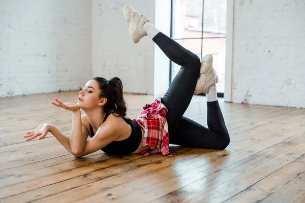 Flexible Woman Lying Floor While Dancing Jazz Funk — 스톡 사진