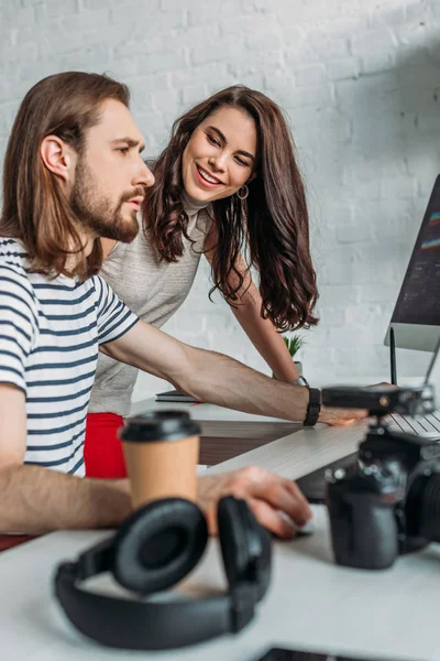 Selective Focus Happy Art Editor Looking Coworker — Stock Photo, Image