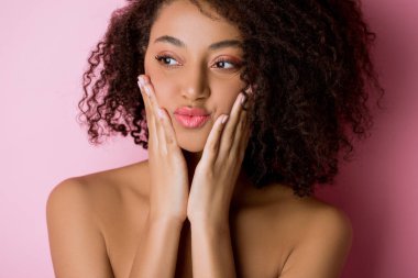 portrait of cheerful beautiful naked african american girl on pink clipart