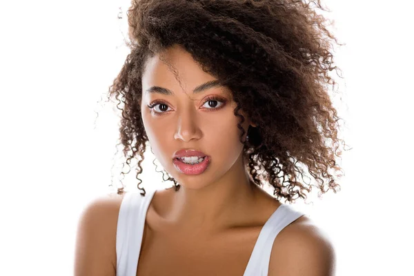 Portrait Beautiful Curly African American Woman Isolated White — Stock Photo, Image