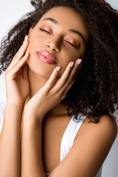 Portrait Beautiful African American Girl Closed Eyes Isolated Grey — Stock Photo, Image