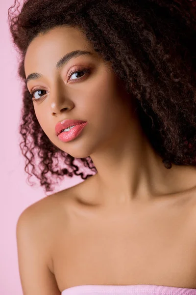 Portrait African American Girl Looking Camera Isolated Pink — 스톡 사진