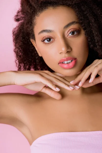 Portrait Beautiful Brunette African American Girl Isolated Pink — 스톡 사진