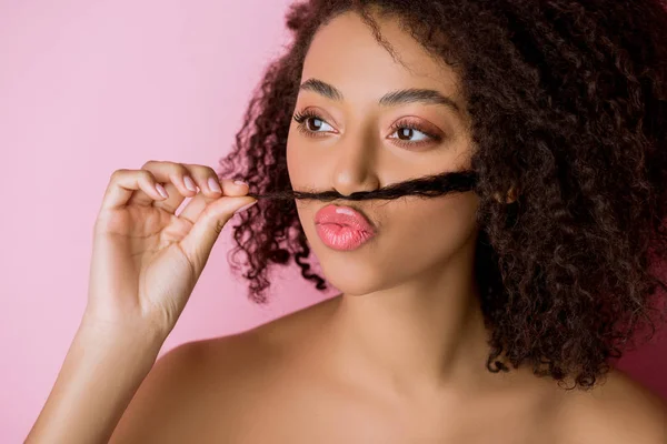 Portrait Funny African American Girl Making Fake Mustache Hair Isolated — Stock Photo, Image
