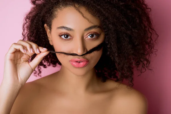 Portrait Funny African American Girl Making Fake Mustache Hair Pink — 스톡 사진
