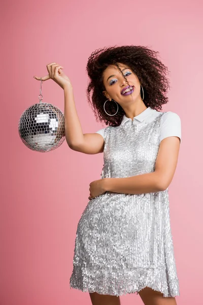 Cheerful African American Girl Paillettes Dress Holding Disco Ball Isolated — Stock Photo, Image