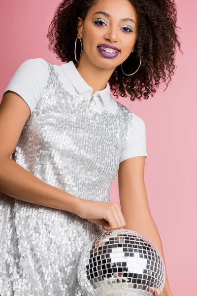 Happy Young African American Woman Paillettes Dress Holding Disco Ball — 스톡 사진