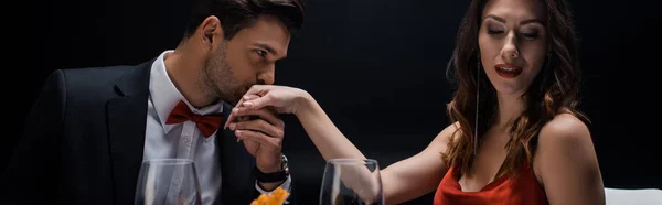 Panoramic Shot Handsome Man Kissing Hand Elegant Woman Wine Glasses — 스톡 사진