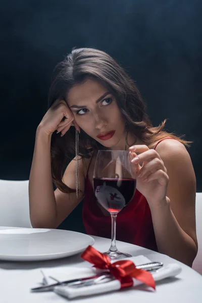 Attractive Woman Hand Head Touching Wine Glass Served Table Black — Stock Photo, Image