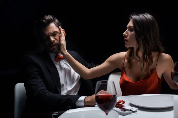 Beautiful Woman Slapping Man Cheek Romantic Dinner Isolated Black — 스톡 사진