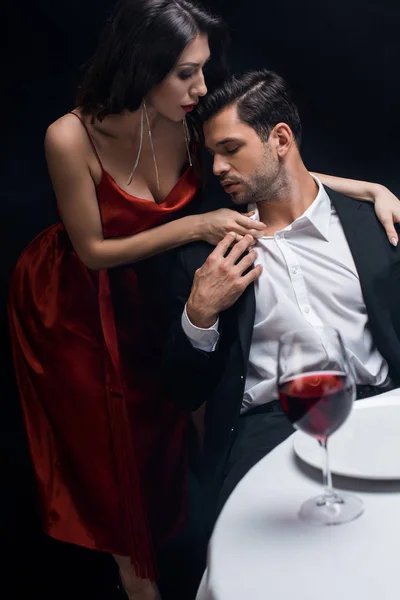 Selective Focus Elegant Woman Unbuttoning Shirt Handsome Man Wine Glass — Stock Photo, Image