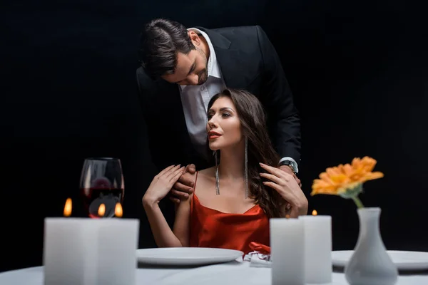 Selective Focus Man Suit Hugging Beautiful Girlfriend Romantic Dinner Isolated — Stock Photo, Image