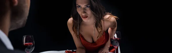 Panoramic Shot Beautiful Woman Flirting Man Wine Glasses Table Isolated — Stock Photo, Image
