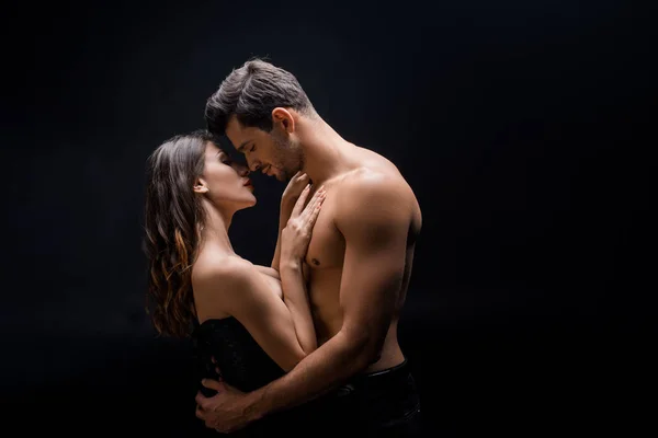 Side View Handsome Shirtless Man Hugging Beautiful Woman Isolated Black — Stock Photo, Image