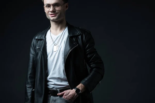 Smiling Stylish Brutal Man Biker Jacket Posing Hand Pocket Isolated — Stock Photo, Image