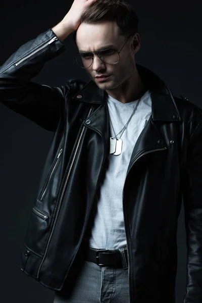 Stylish Brutal Man Biker Jacket Eyeglasses Posing Isolated Black — Stock Photo, Image