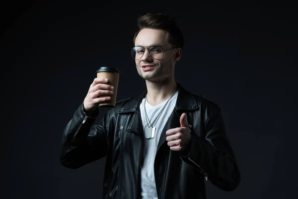 Smiling Stylish Brutal Man Biker Jacket Holding Coffee Showing Thumb — 스톡 사진