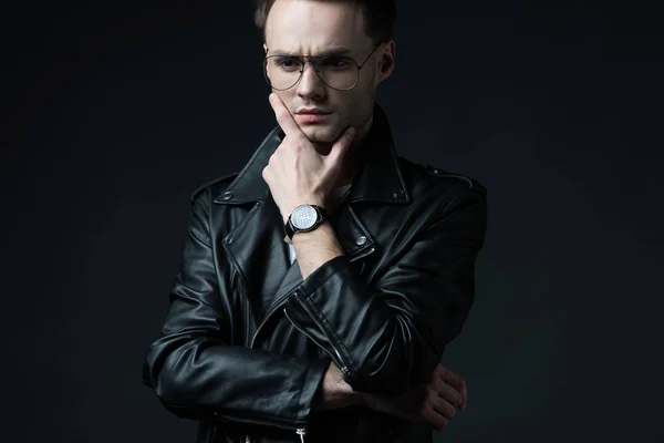 Tense Thoughtful Stylish Brutal Man Biker Jacket Isolated Black — Stock Photo, Image