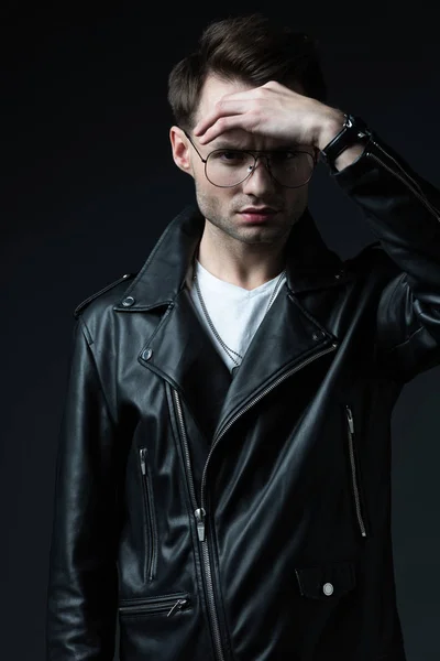 Thoughtful Stylish Brutal Man Biker Jacket Isolated Black — Stock Photo, Image