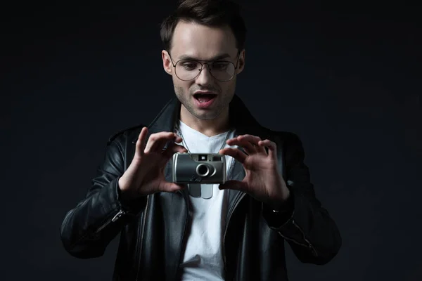 Shocked Stylish Brutal Man Biker Jacket Taking Picture Film Camera — Stock Photo, Image