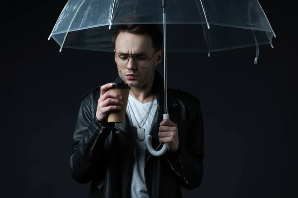 Worried Stylish Brutal Man Biker Jacket Umbrella Coffee Isolated Black — Stock Photo, Image