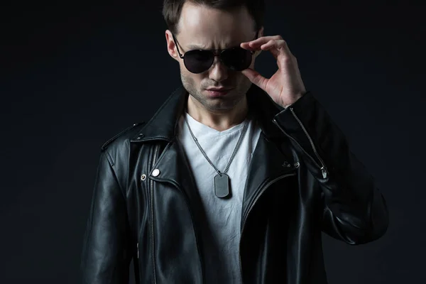 Stylish Brutal Man Posing Biker Jacket Sunglasses Isolated Black — Stock Photo, Image