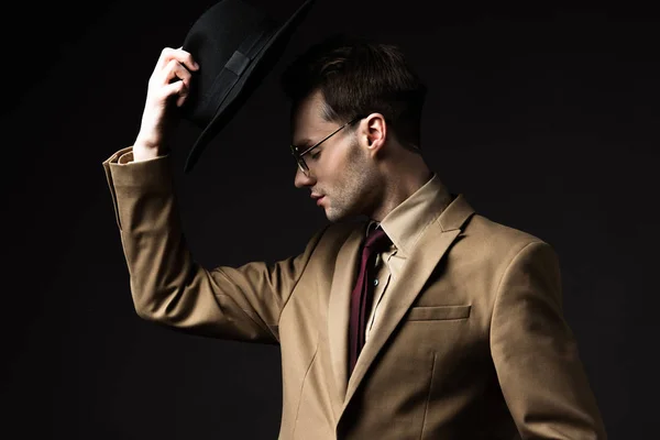 Elegant Man Beige Suit Eyeglasses Holding Hat Isolated Black — Stock Photo, Image