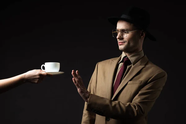 Elegant Man Beige Suit Hat Eyeglasses Refusing Coffee Waiter Isolated — Stock Photo, Image