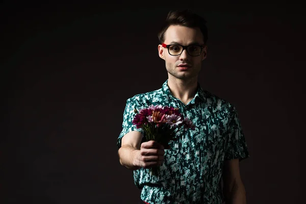 Fashionable Man Eyeglasses Blue Colorful Shirt Holding Floral Bouquet Isolated — Stock Photo, Image