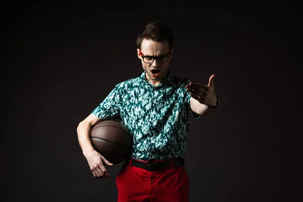 Excited Fashionable Man Eyeglasses Blue Colorful Shirt Red Pants Holding — Stock Photo, Image