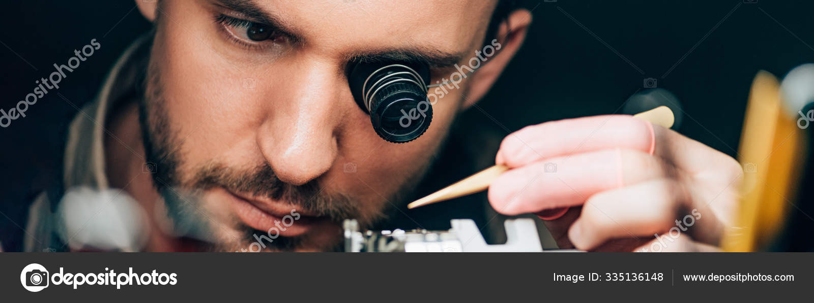 Panoramic Shot Watchmaker Eyeglass Loupe Working Wristwatch Isolated