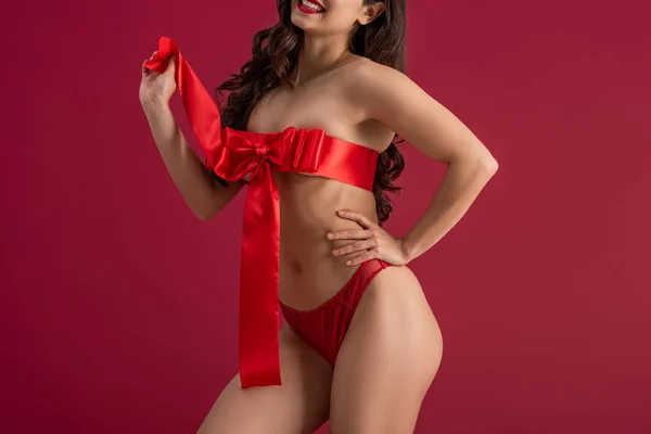 Cropped View Sexy Girl Wrapped Red Satin Ribbon Bow Posing — 스톡 사진