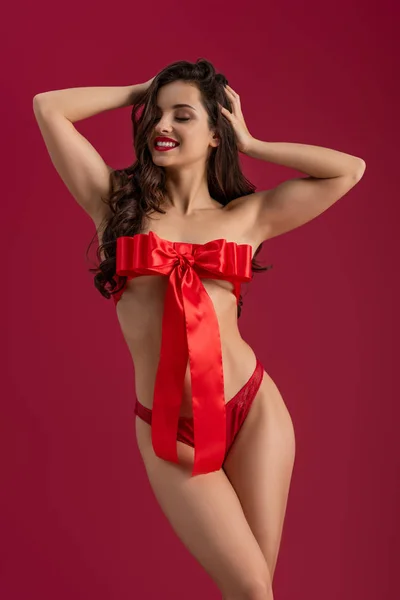 Happy Sexy Girl Wrapped Red Satin Ribbon Bow Posing Isolated — 스톡 사진