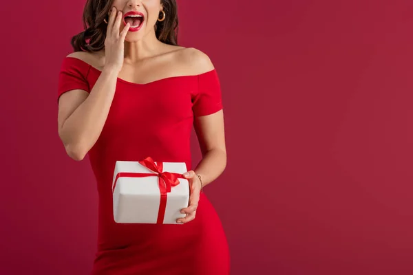 Cropped View Shocked Elegant Girl Holding Gift Box While Touching — Stock Photo, Image