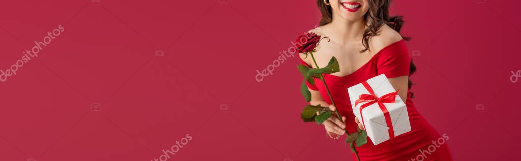 Cropped view of smiling, elegant girl holding rose and gift box isolated on red, panoramic shot — Stock Image Cropped View Smiling Elegant Girl Holding Rose Gift Box Isolated Stock Image