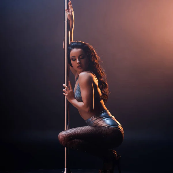 Attractive Stripper Underwear Sitting Pole Black Orange — Stock Photo, Image