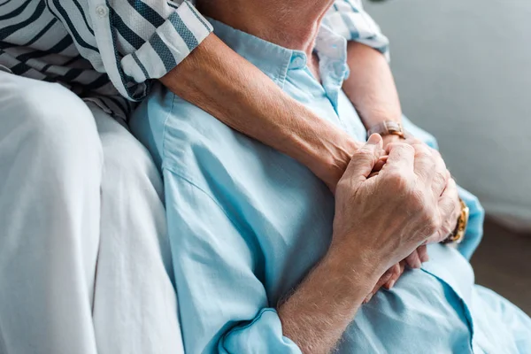 Cropped View Senior Couple Holding Hands Home — Stock Photo, Image