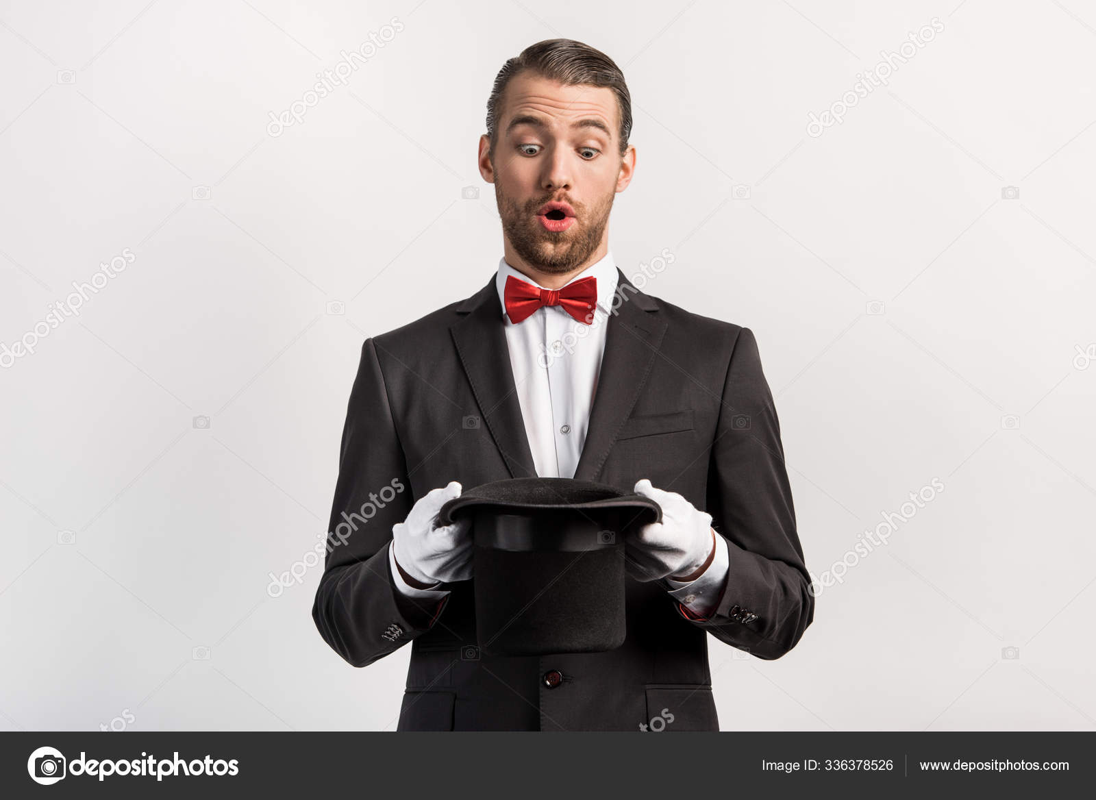 Surprised Magician Gloves Looking Hat Isolated Grey — Stock Photo ...