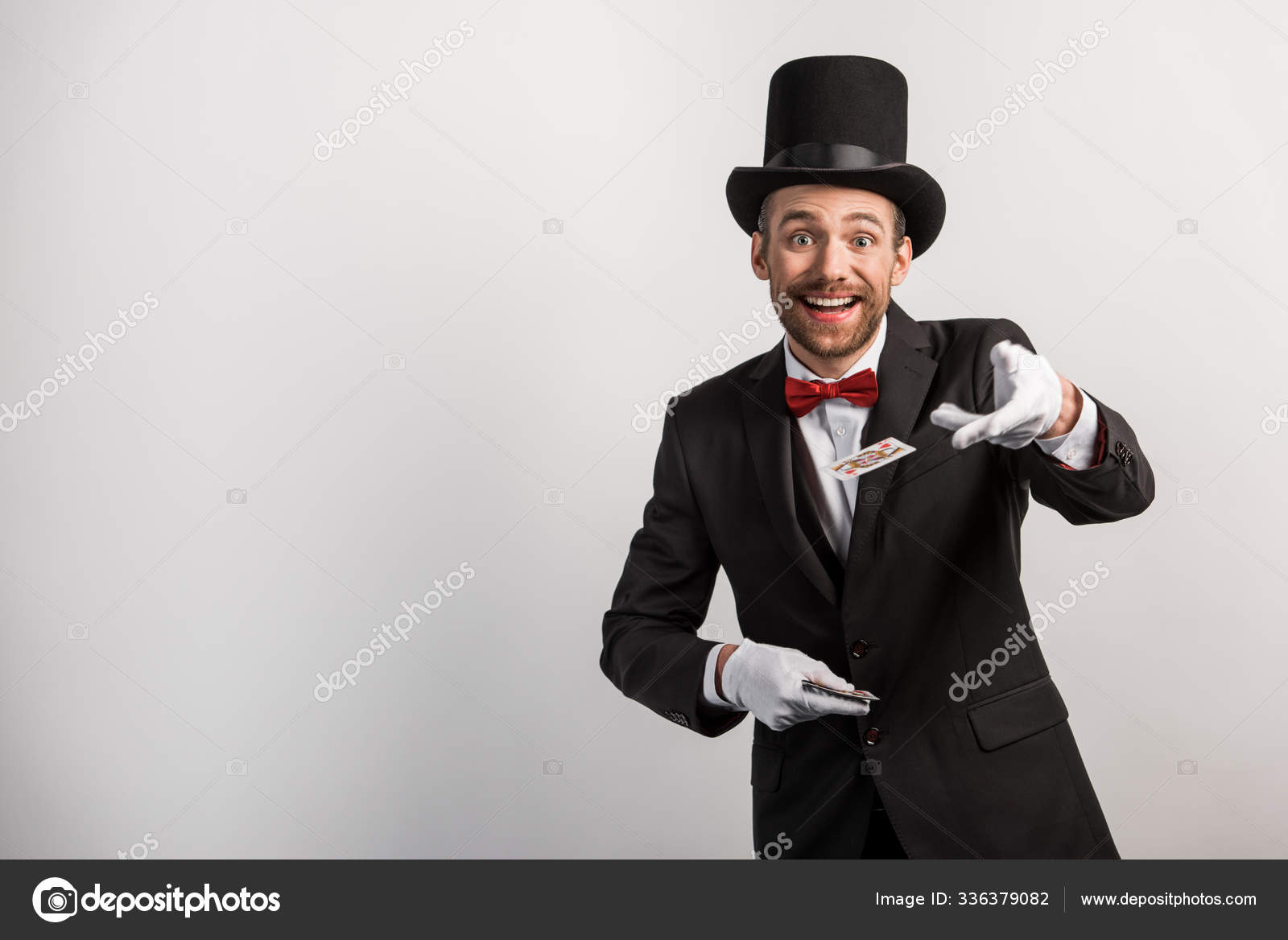 Happy Magician Holding Playing Cards Isolated Grey Stock Photo by ...