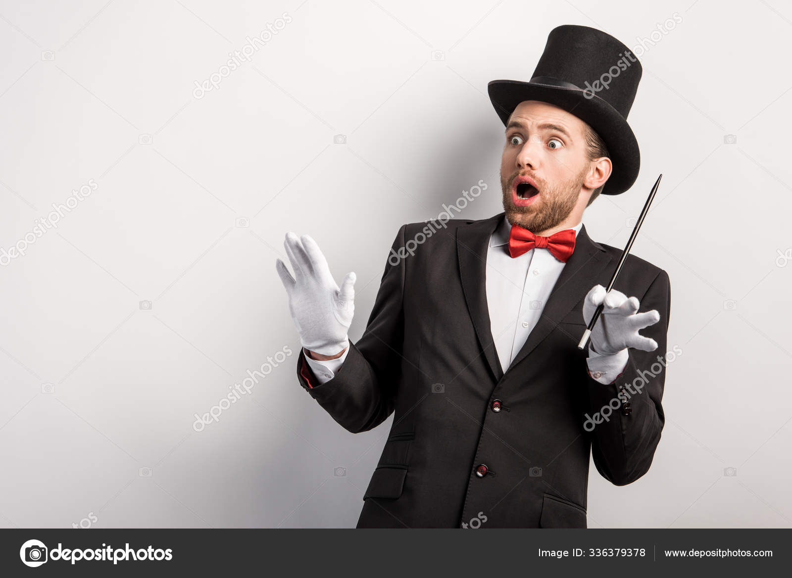 Shocked Magician Open Mouth Holding Wand Isolated Grey — Stock Photo ...