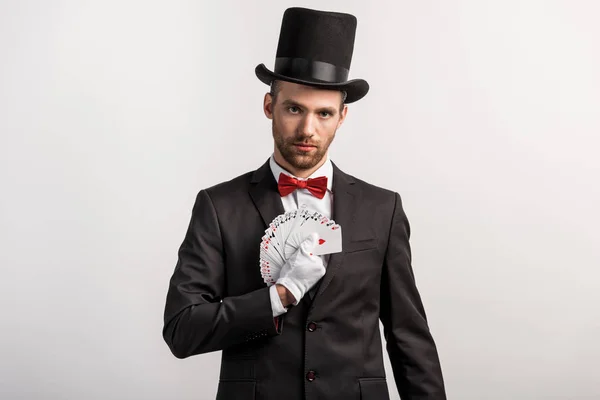 Magician Holding Playing Cards Isolated Grey — 스톡 사진
